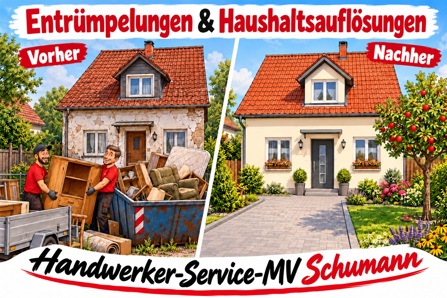 Illustrativer Vorher-nachher-Vergleich: altes Haus mit Anhänger und Sperrmüllcontainer, danach renoviert mit neuer Pflasterung, Apfelbaum, Rasen und Blumen