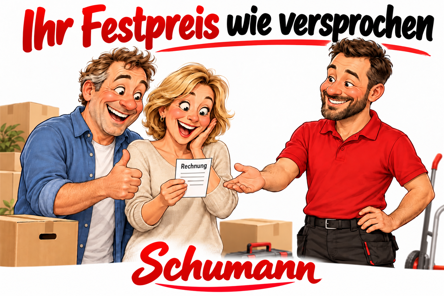 Karikatur: Zufriedene Kunden freuen sich über ihre Rechnung – Ihr Festpreis wie versprochen