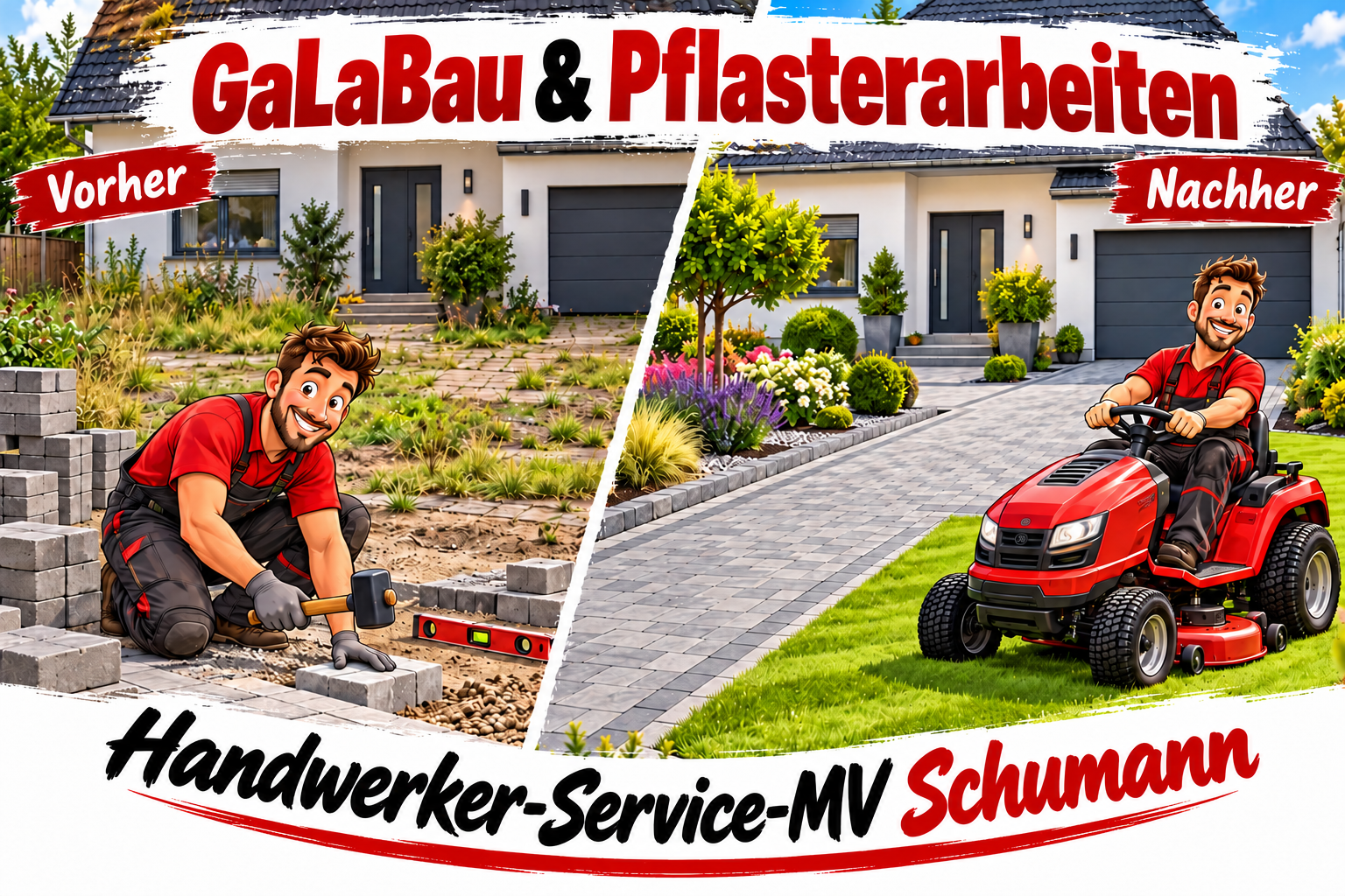 GaLaBau und Pflasterarbeiten vorher und nachher: Pflasterer bei der Arbeit und gepflegter Garten mit Rasenmähertraktor