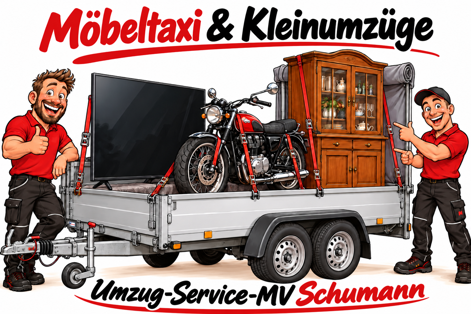 Karikatur zum Möbeltaxi: Fernseher, Motorrad und Buffetschrank auf einem Anhänger