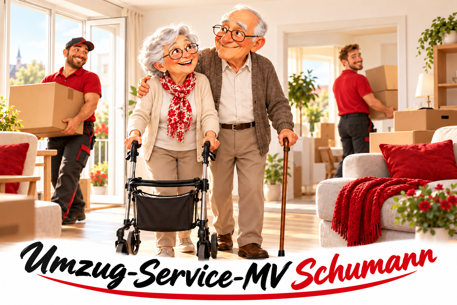 Karikatur: glückliches Seniorenpaar mit Rollator und Gehstock beim Umzug, unterstützt von Umzugshelfern