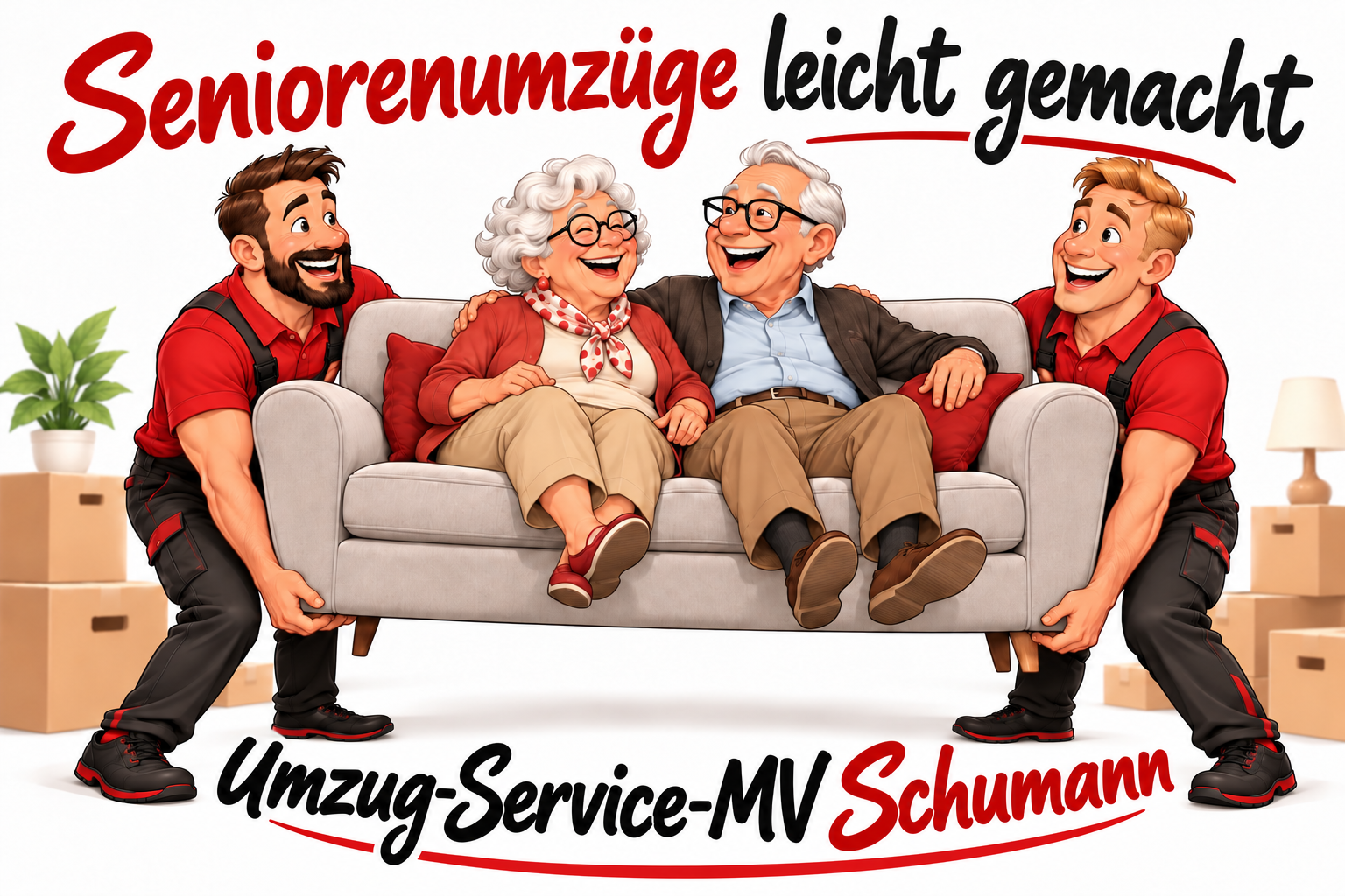 Seniorenumzüge leicht gemacht – Oma und Opa sitzen lachend auf einem Sofa, das zwei Umzugshelfer tragen