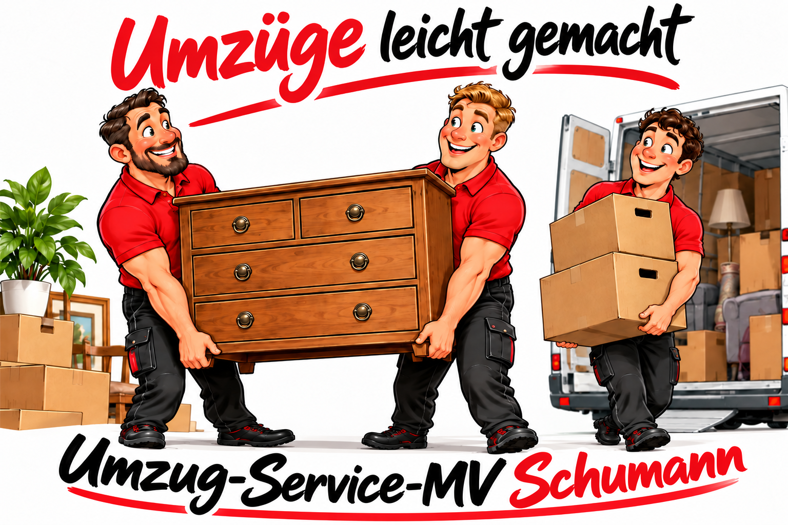 Umzüge leicht gemacht – Karikatur mit Umzugshelfern, die Möbel und Kartons tragen